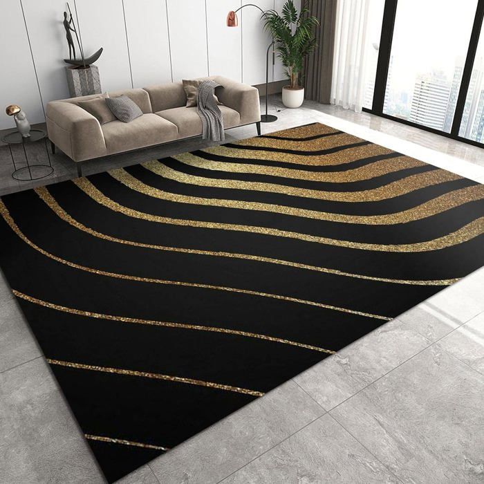 Tapis De Couloir Lavable Siunwdiy - Noir Et Doré Moderne - Antidérapant Personnalisable 80x480cm