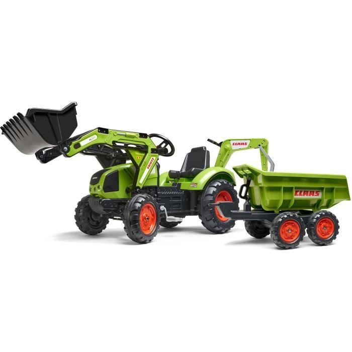 Tractopelle à pédales Claas - FALK - Volant directionnel Selle pivotante & Excavatrice  remorque  - Fabriqué en France - Dès 3 ans