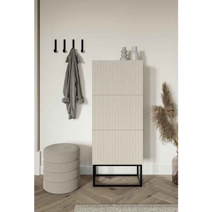 Meuble à chaussures 3 portes - VELDIO - 50x30x125 cm - grège avec pieds noires