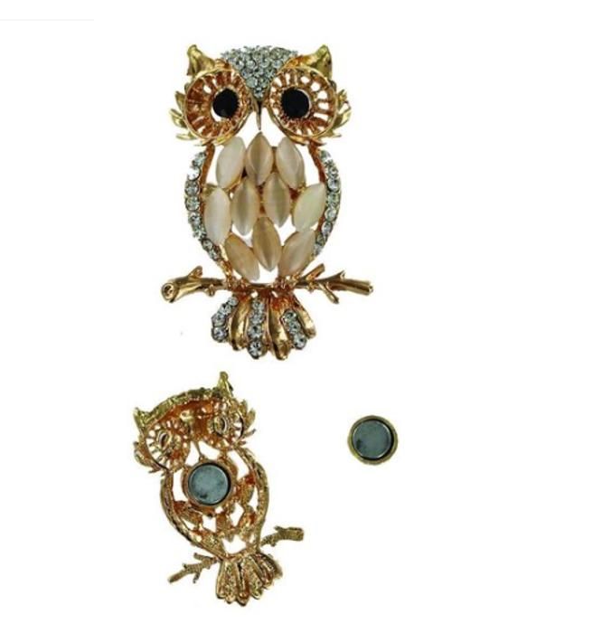 Broche Magnétique - Hibou - Acier - Zircone - 3.5cms x 5.5cms