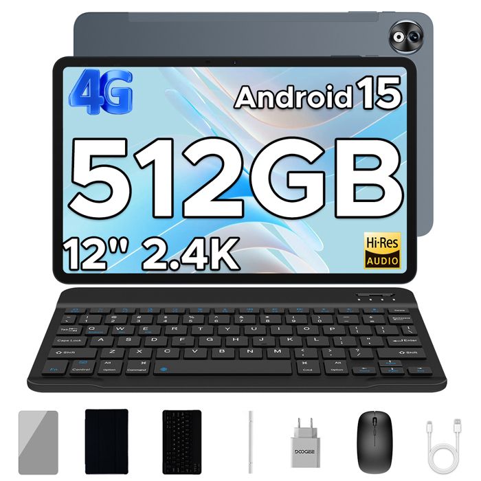 DOOGEE T40 Pro Tablette Tactile 12 2.4K Android 15 – 20Go + 512Go Grande Batterie 10800mAh Tablette PC Dual SIM 4G WIFI GPS – Gris