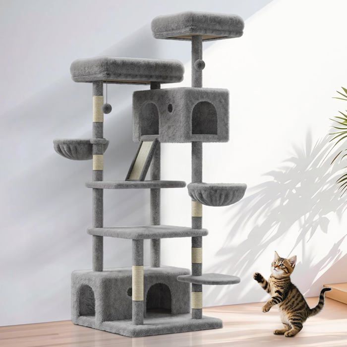 Meilleurs prix pour Arbre à chat 60x60x165cm - 6 plateformes3 boules pendantes2 niche  2 poteaux à griffer Gris clair 2201