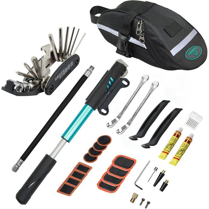 Kit de Réparation Vélo - OTBACT - 16 en 1 - Pompe Portable - Sacoche de Selle - Outils Multifonctions