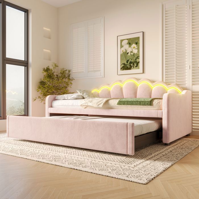 Lit Banquette Rembourré - Velours Rose - 90x200 cm - Lit Gigogne - LED Multicolore Lit Banquette Rembourré - Velours Rose - 90x200 cm - Lit Gigogne - LED Multicolore