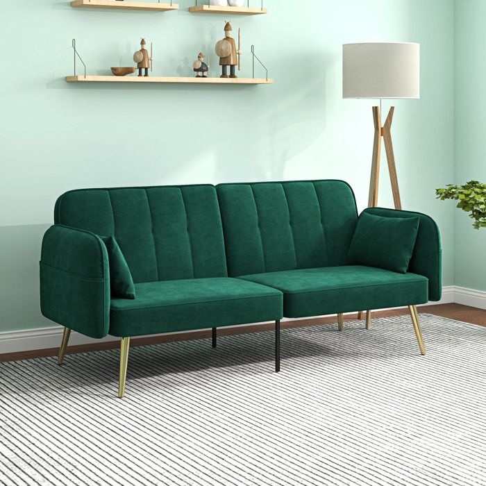 Canapé convertible 2 places canapé-lit canapé clic-clac en tissu velours avec dossier réglable vert foncé