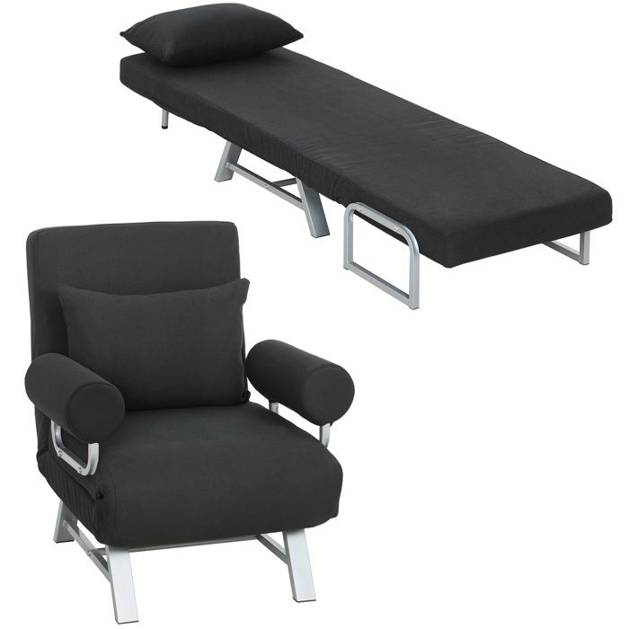 Fauteuil chauffeuse - HOMCOM - canapé-lit convertible inclinable 1 place coussin accoudoirs - lin métal - noir