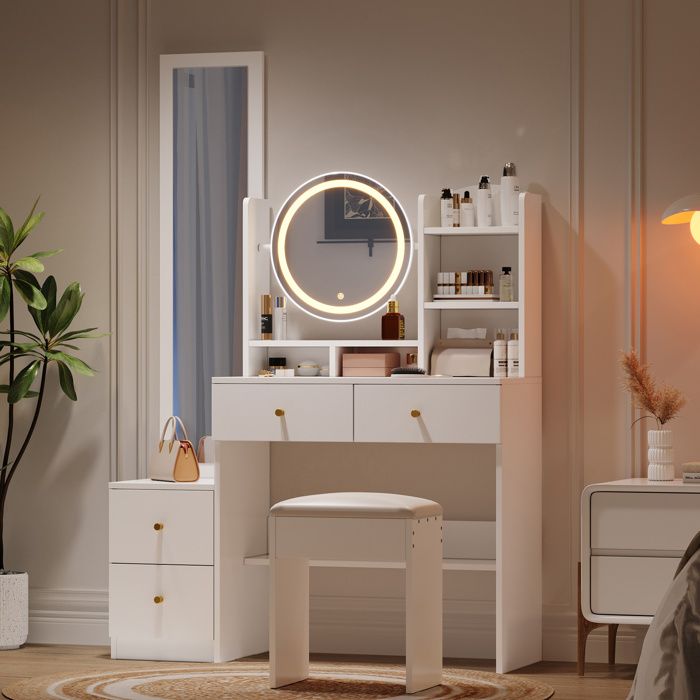 Coiffeuse blanc et doré avec miroir à LED et tabouret AUXON