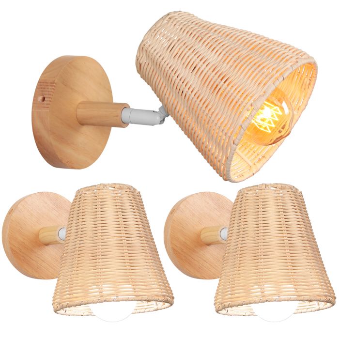 ElektraH Applique Murale Intérieur Bohème Réglable Lampe Murale en Bambou et Bois Rétro E27 Luminaire Abat-jour Rotin Vintage-3pcs