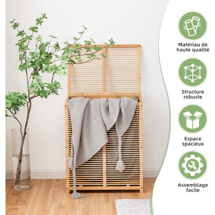 GIANTEX Panier à Linge en Bambou de 80 LCoffre à Linge avec Couvercle&Sac à Linge Amovible pour le Linge Salepour Salle de Bain
