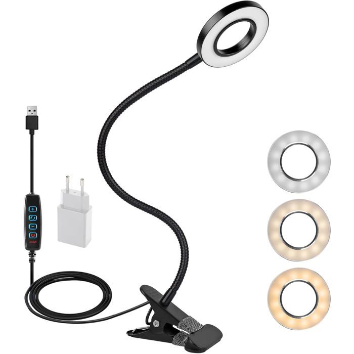 Lampe LED à pince flexible à 360° - 3 modes et 10 niveaux de gradation - 12 W - Avec adaptateur CE - Noir [Classe énergétique F]