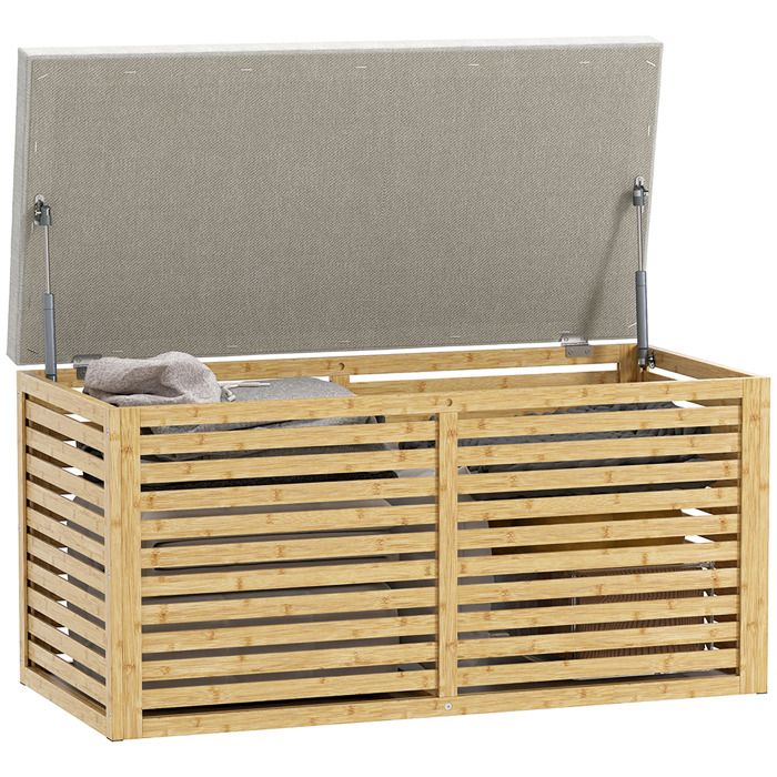 Banc de rangement - HOMCOM - rembourré tissu aspect lin - couvercle et structure en bambou - 90 x 42 x 43 cm - gris et naturel