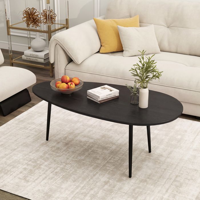 Table Basse Salon Ovale COSTWAY 108 x 56 x 44 cm Cadre en Métal Table dAppoint Design Compact pour Canapé Chambre Bureau Noir