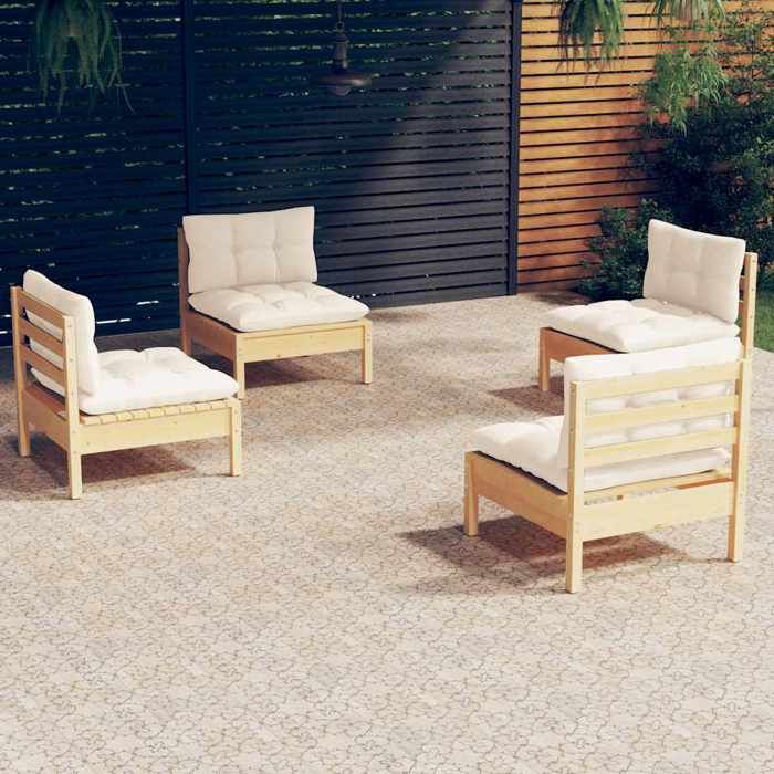 NEW 2026 Salon de jardin lot de 4 Meuble pour 3 personnes avec coussins crème Bois de pin 63.5x63.5x62.5 cm S1243