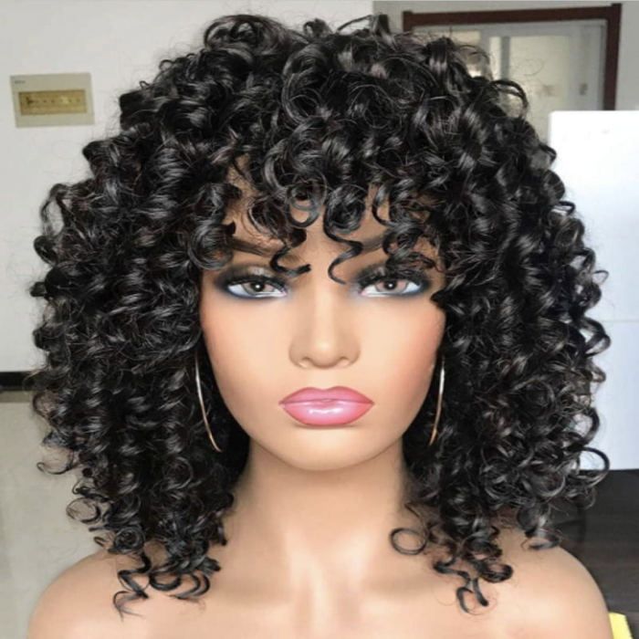 Perruque bouclée péruvienne en cheveux humains bouclés style africain ondulé ajustable pour femmes FQ83-BK