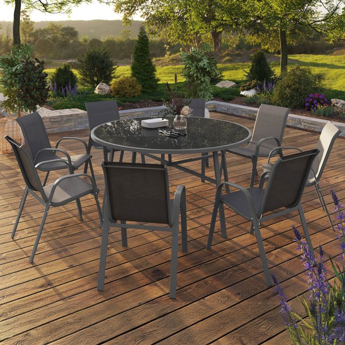 IDMARKET Salon de jardin MADRID table ronde 150 CM et 8 chaises empilables gris anthracite