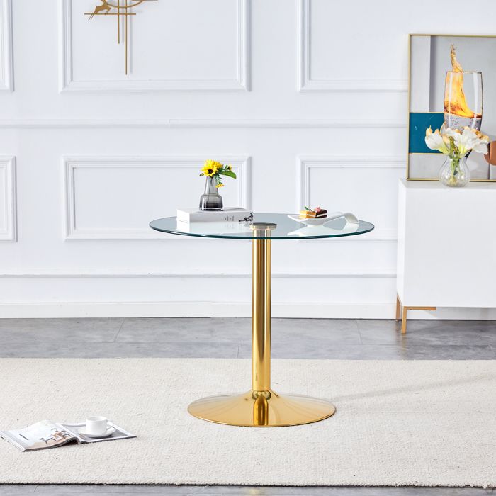 Table ronde 85x76 cm en verre trempé et métal style moderne transparent et doré