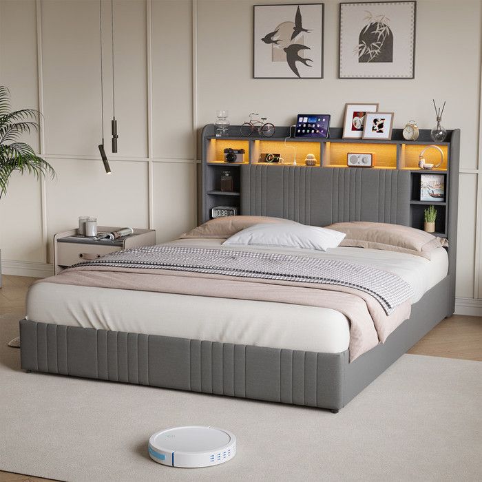 Lit 140 x 200 cm avec sommier et 4 tiroirs lit double avec USB et LED lit double 140 x 200 capitonné de lin gris moderne