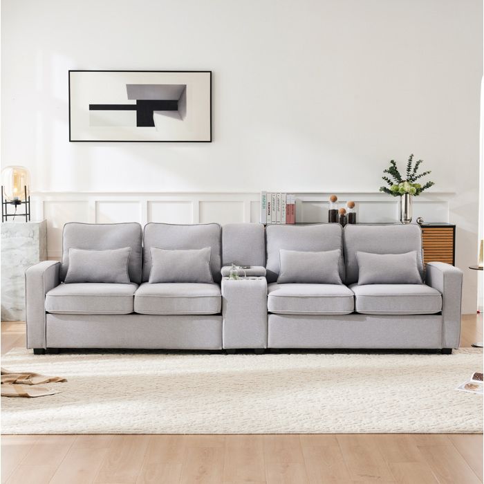 Canapé 4-5 places gris L 290 x P 83 x H 88 cm USB console avec 2 porte-gobelets poches