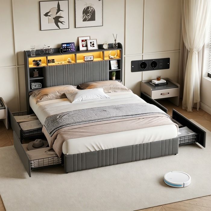 Lit double tapissé 140x200cm avec 4 tiroirs et USB lumières LED cadre de lit avec lattes en bois tête de lit Rangement Lin Gris