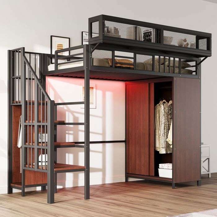Lit mezzanine - SOGEU - Avec armoire et LED - 90x200 cm - Métal & Bois - Échelle rangement