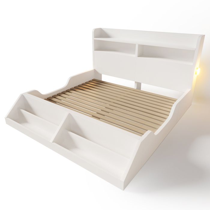 HAVRYA Lit Double 140x200 cm avec Rangements Éclairage Nuit Étagère Amovible Tiroirs Sommier Inclus Blanc Sans Matelas