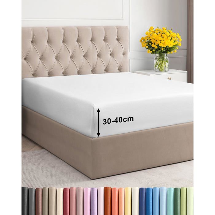 Drap Housse 160x200 cm Bonnet 40 cm extra profond-Microfibre de Polyester Brossé Douce-Matelas Épais jusqu’à 40 cm (16)-Blanc
