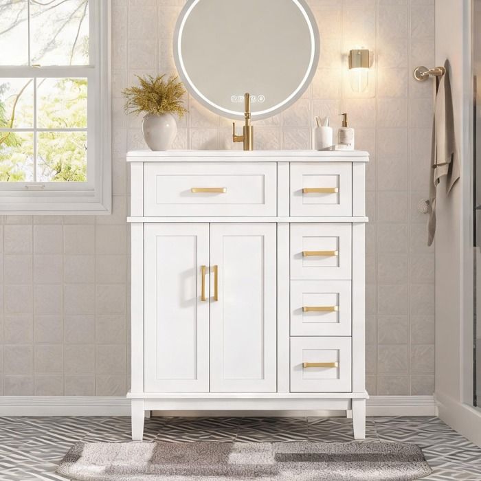 Meuble sous vasque en céramique blanche avec tiroirs et portes Soft-Close MDF et métal design contemporain 76 x 465 x 86 cm