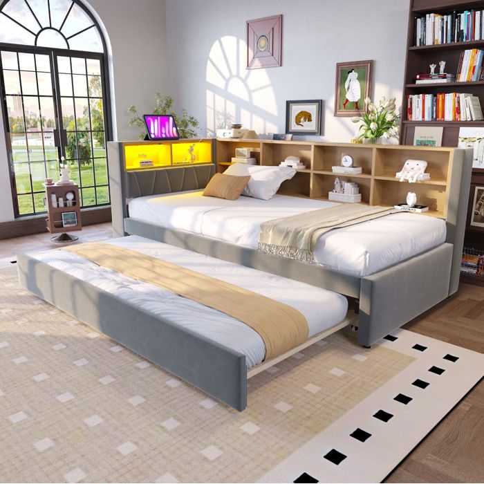 HOMVRA Lit combiné 90x200 cm avec lit gigogne 90x190 cm LED USB Type-C prise et rangements gris foncé