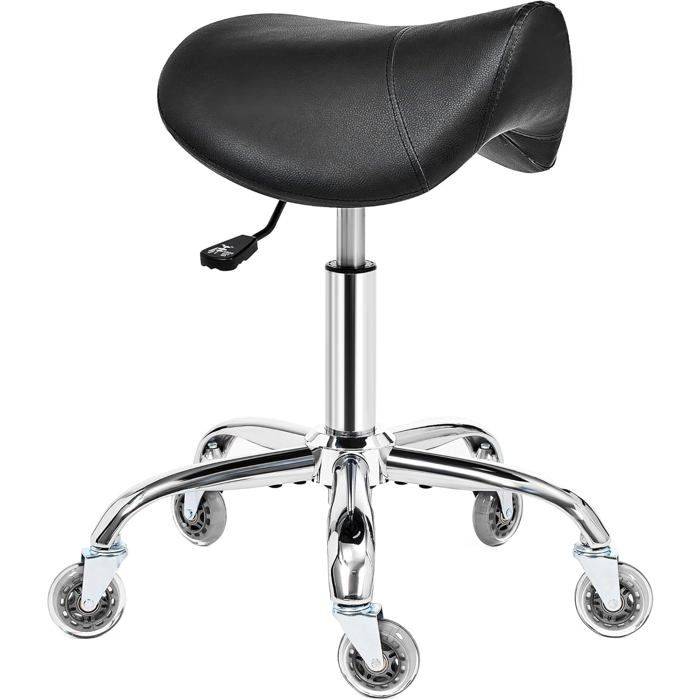 Tabouret de selle ergonomique - assise similicuir PU noir - hauteur réglable 53-67 cm - roulettes pivotantes 360° - charge 350 lbs