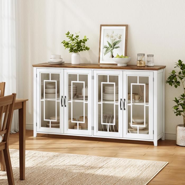 Buffet de cuisine moderne - Largeur 160 cm - Portes vitrées élégantes - Grand espace de rangement