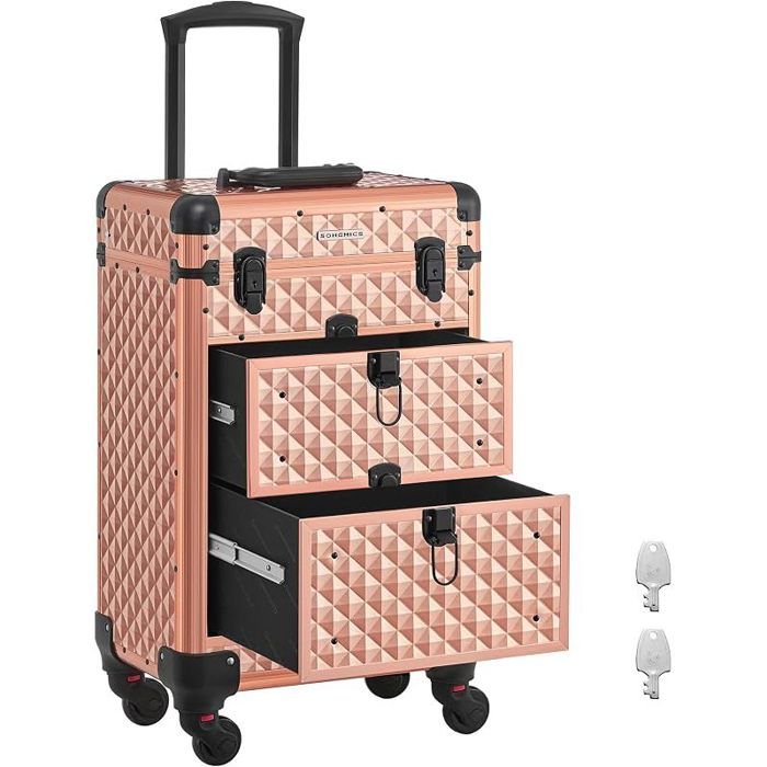 Valise de maquillage professionnel - AUTREMENT - 34x24x56 cm - 2 tiroirs - Roulettes 360° - Doré Champagne