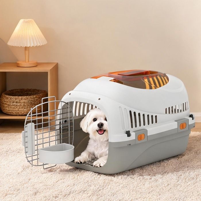 Caisse de transport en plastique gris clair pour chat et petit chien max 4 kg avec porte acier et bol amovible 49 x 32 x 31 cm