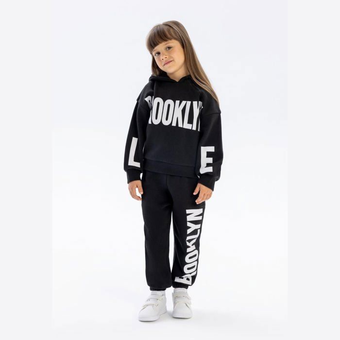 Minoti Ensemble Survêtement Noir Fille - Sweat Capuche Brooklyn Print avec Jogging Poches Latérales Coton