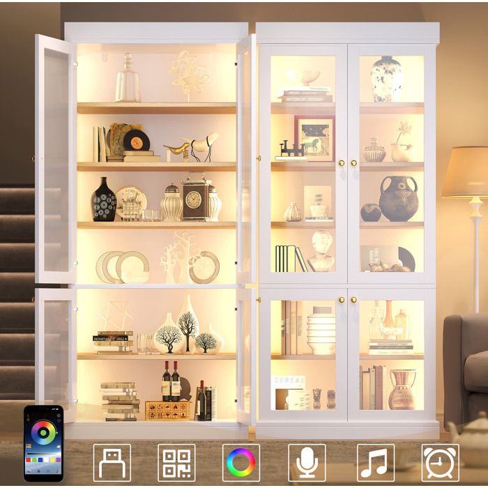 WUVRIE Vitrine haute blanche 160 x 40 x 180 cm avec LED intégrée 4 portes vitrées anti-basculement