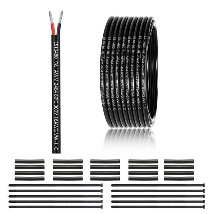 Câble 2 fils 16 AWG 2 x 15 mm² - 15 m - Fil à 2 fils en cuivre étamé - PVC 16AWG - 2 fils pour DC 5 V/12 V/24 V éclairage LED c