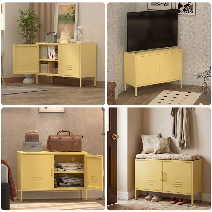 Meuble de Outils Métallique 2 Portes - Armoire de Rangement Bas en Acier Jaune - Étagères Réglables et Structure Solide Imperméable