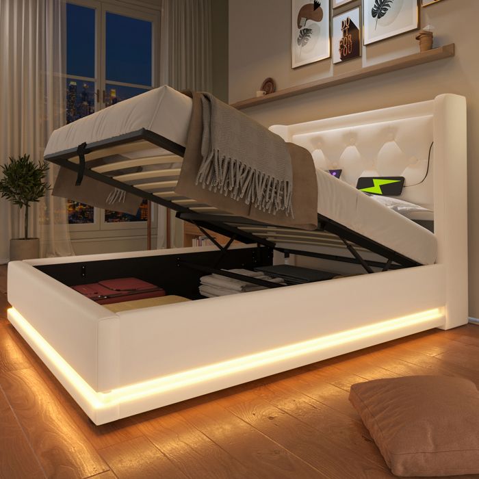 URTR Lit capitonné 90x200 cm blanc PU coffre hydraulique tête capitonnée avec USB-C LED 3 côtés sans matelas élégant