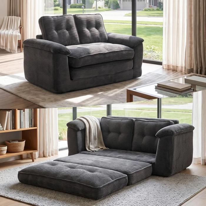 Canapé Convertible-ALIGHTUP-Canapé Lit 2 Place-Réversible-Tissu velours côtelé-Gris foncé Canapé Convertible-ALIGHTUP-Canapé Lit 2 Place-Réversible-Tissu velours côtelé-Gris foncé