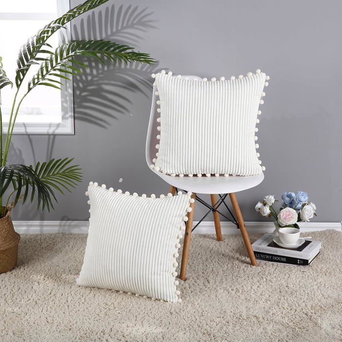 Lot 2 housses coussin 50×50 cm coton blanc rayures verticales canapé voiture déco salon