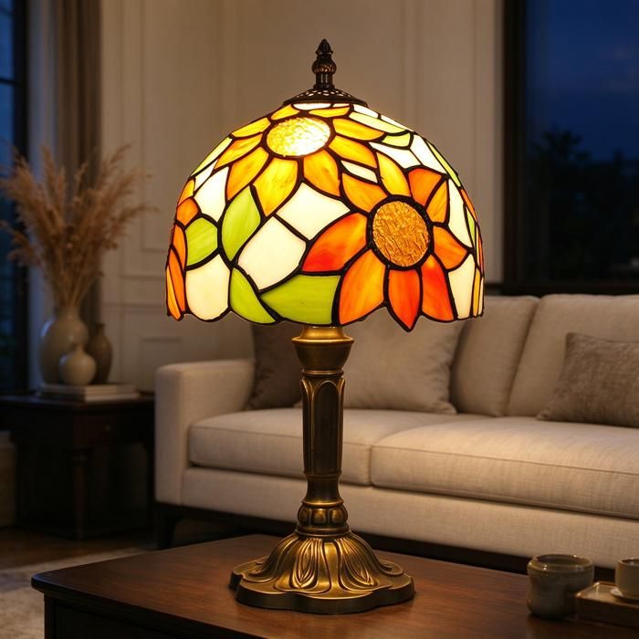 Lampe de Table Tiffany 20 cm - Abat-jour Vitrail Tournesol Fleur Style Rétro - Lampe de Chevet Baroque Fait Main - Douille E27