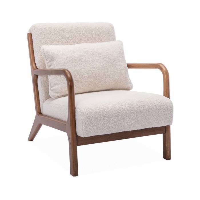 Fauteuil à bouclettes . pieds bois dhévéa teinté noyer clair. 1 place droit fixe. pieds compas scandinave. structure en bois solide