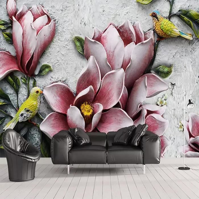 Fleur De Magnolia En Relief Autocollants Muraux 3D Oiseau Peint