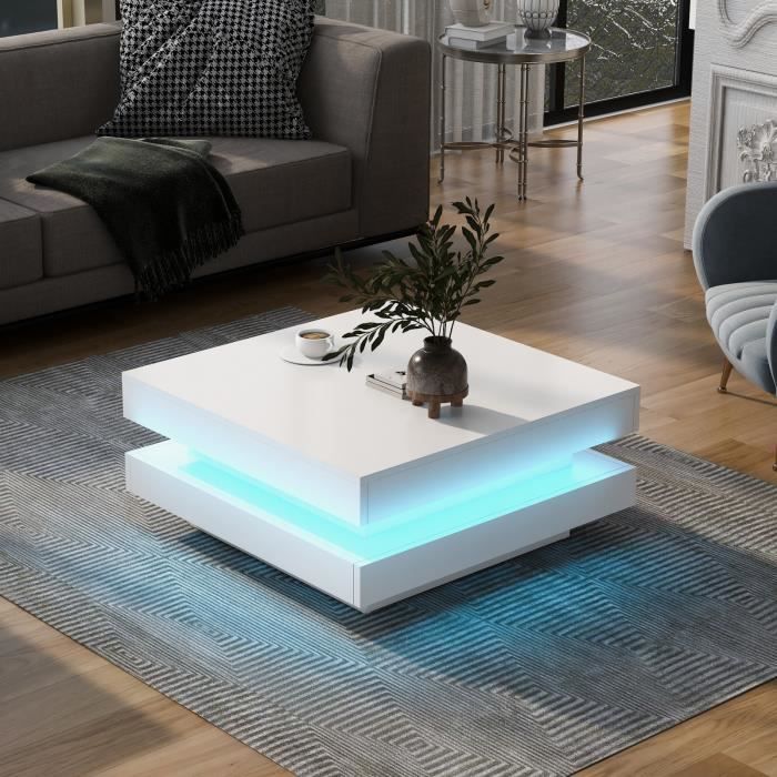 Table basse carrée blanche - style technologique moderne avec éclairage LED 16 couleurs, 70x70x36 cm, charge max 3kg