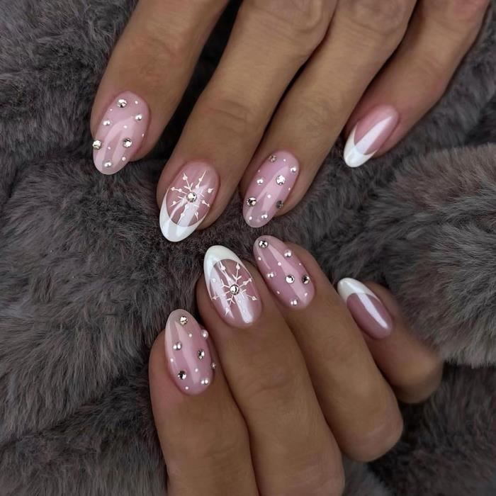 Lot De 24 Faux Ongles à Presser Strass Rose - Taille Moyenne, Motif Floral, Pose Facile