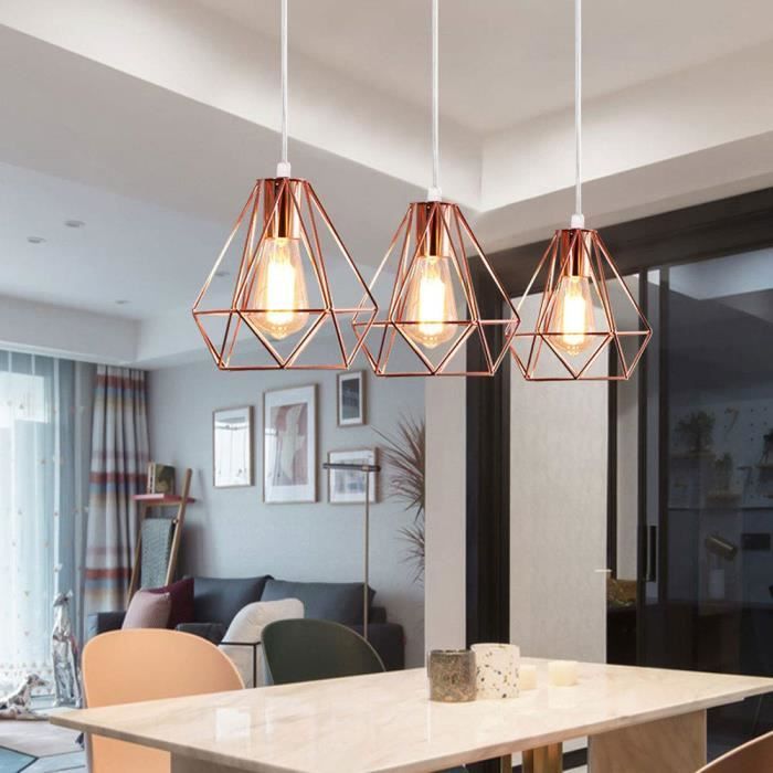 UNI Suspension Filaire Ajustable - Lustre en Barre 3 Lampes Cage Diamant - E27 40W or Rose