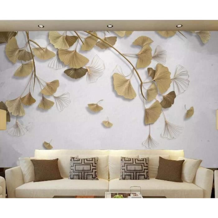 Papier Peint Panoramique Feuilles De Ginkgo À La Lignes En Relief Doré ...