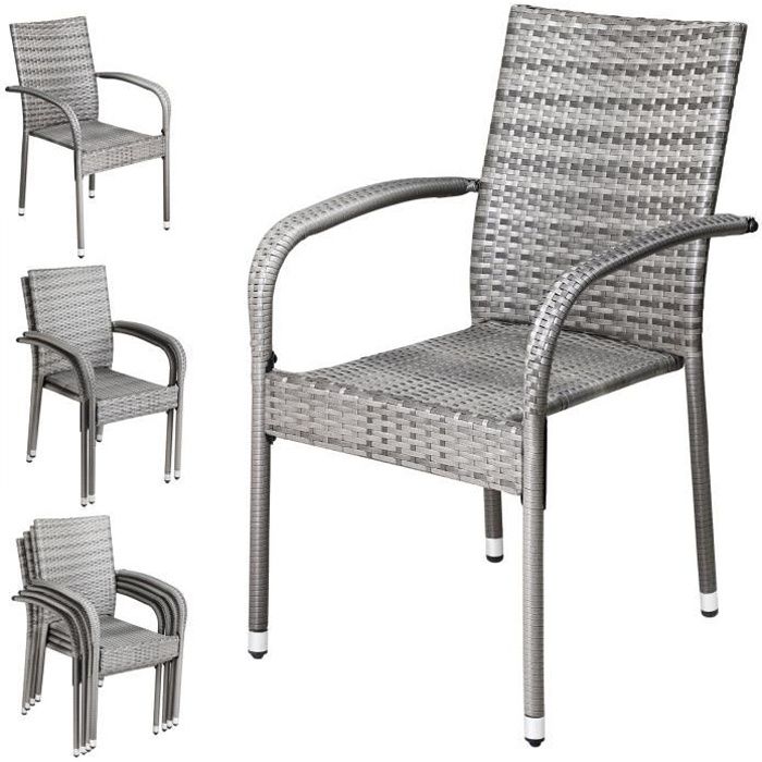 CASARIA® Ensemble de 4 chaises de jardin grises en polyrotin avec accoudoirs empilables structure en acier thermolaqué