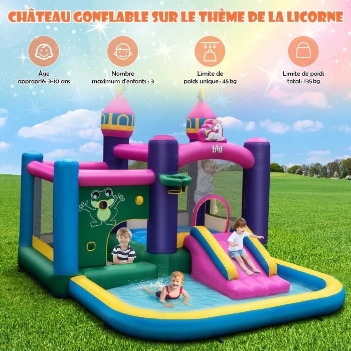 COSTWAY Toboggan Aquatique Gonflable avec Piscine à Eclaboussures Maison Latérale Panier de