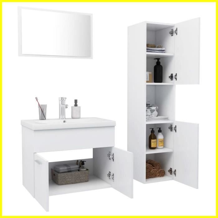 Ensemble de meubles de salle de bain - CUQUE - Blanc - Aggloméré - Miroir inclus - Assemblage requis