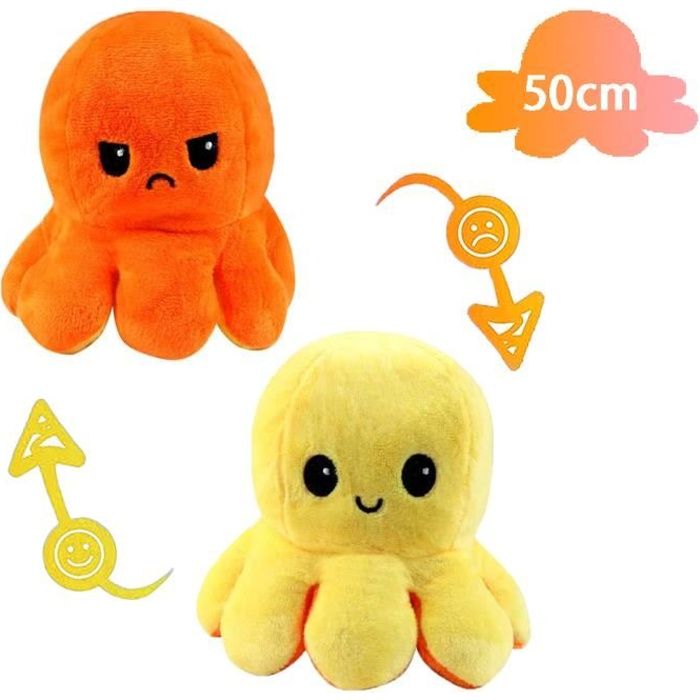 Peluche pieuvre reversible geante 50cm Jaune et Orange Double Face Humeur flip poulpe Mignonne Jouet doudou Poupée Animaux Poupon